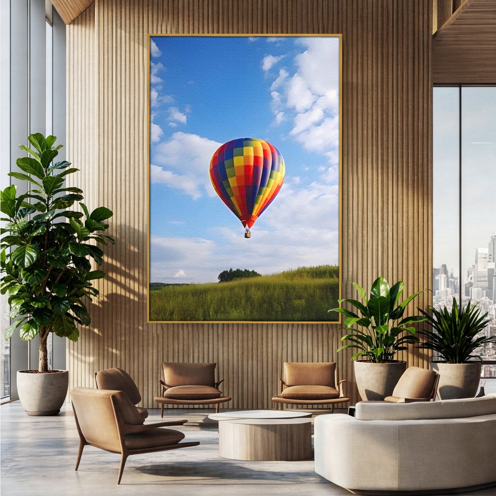 Tablou canvas cu tablou canvas cu balon cu aer cald, in rama de aluminiu auriu, pe perete intr-un birou